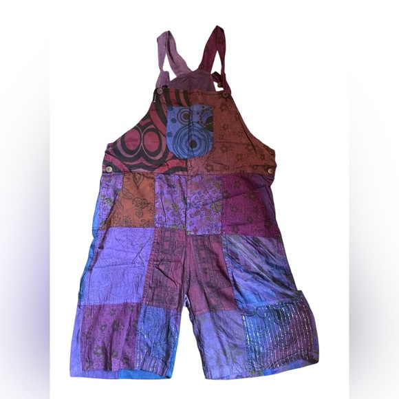 Kathmandu Imports Romper Overalls Shorts Purple Patchwork Pattern Unisex NWT - Picture 1 of 6
